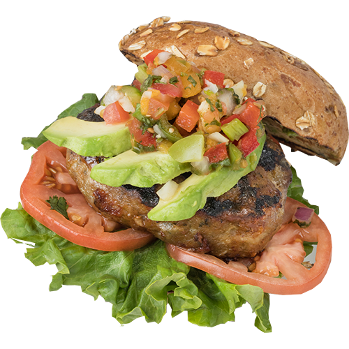 Turkey burger stacked with ripe avocado, fresh salsa, tomato and crispy lettuce on a whole grain roll from The Longwood Grille and Bar