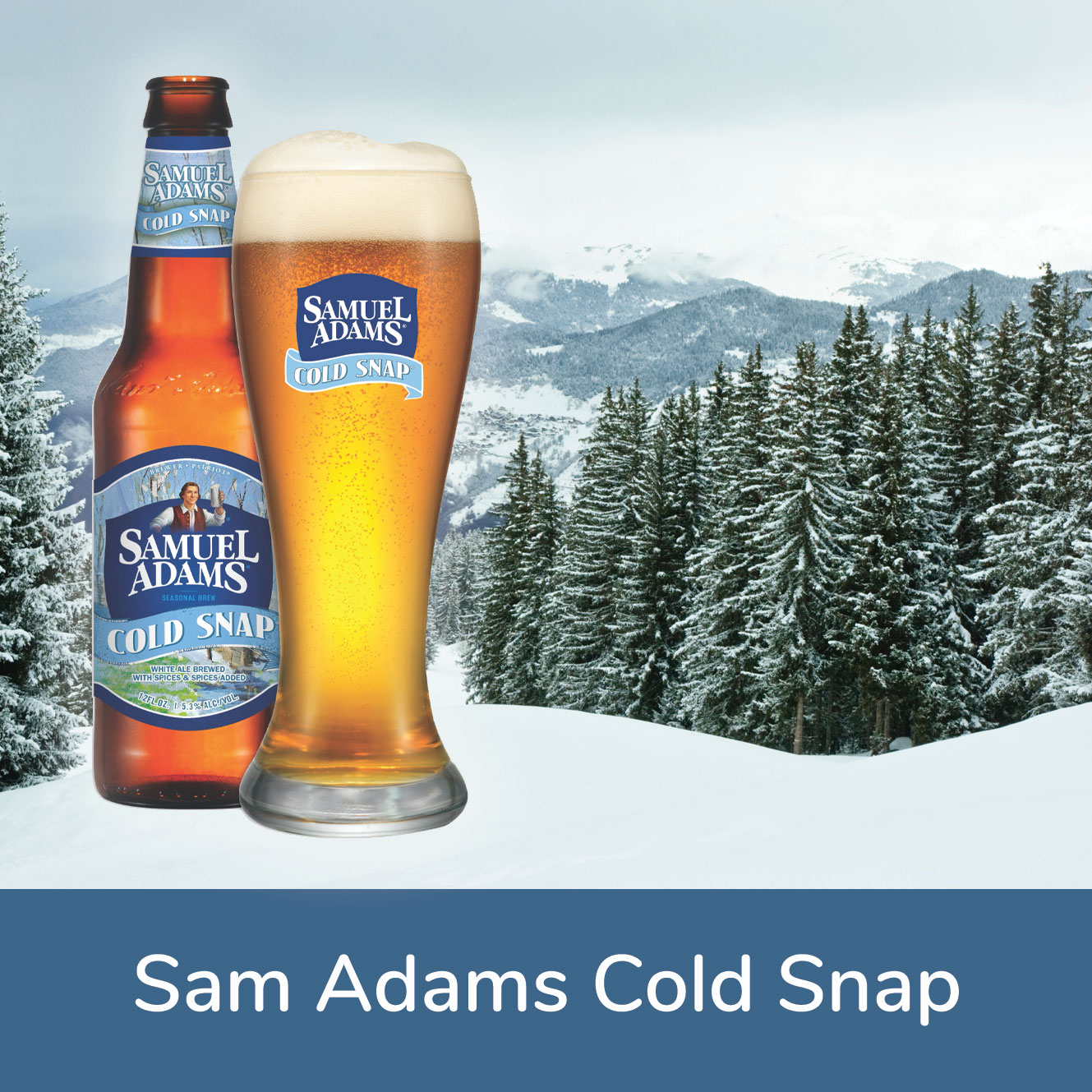 A pint of Samuel Adams Cold Snap beer with text that reads 'Samuel Adams Cold Snap, now on draft!'