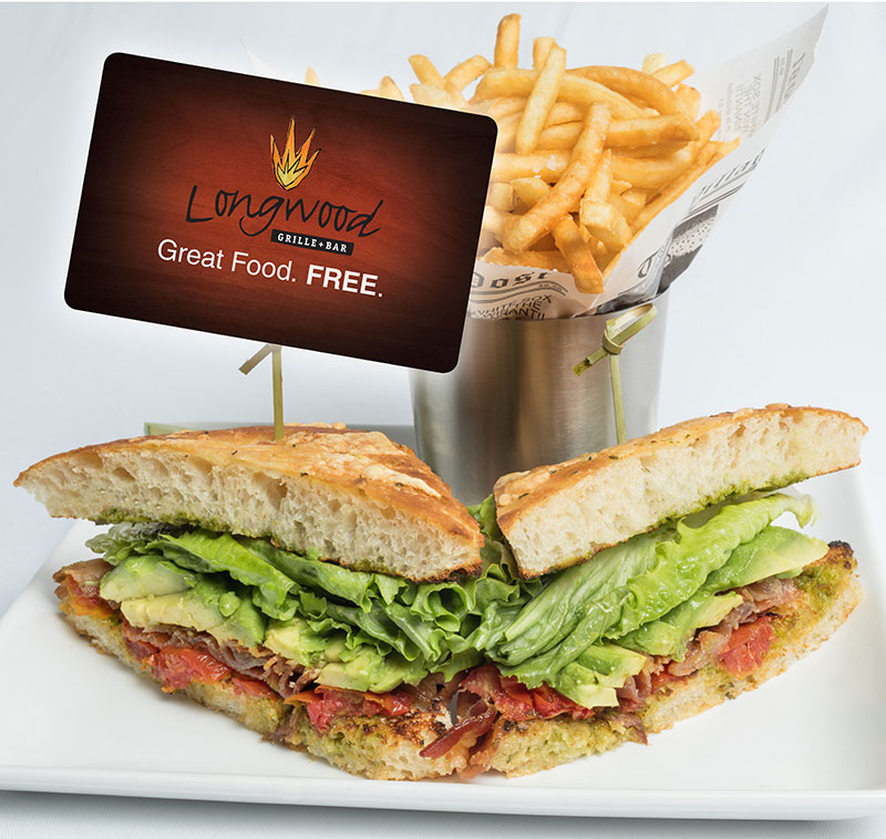 Longwood Grille Reward card with a bacon, lettuce, tomato, and avocado sandwich and a side of fries